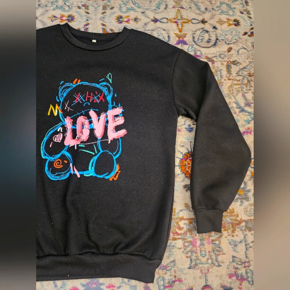 SHEIN Women's Black & Neon Bear Graphic LOVE Sweatshirt Pullover Top Shirt XS - Picture 6 of 16